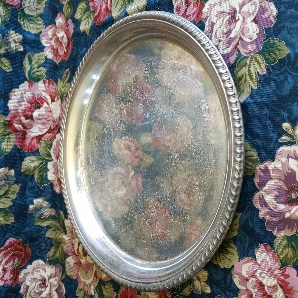 Vintage Etched Filagree Floral Metal Round Tray Platter